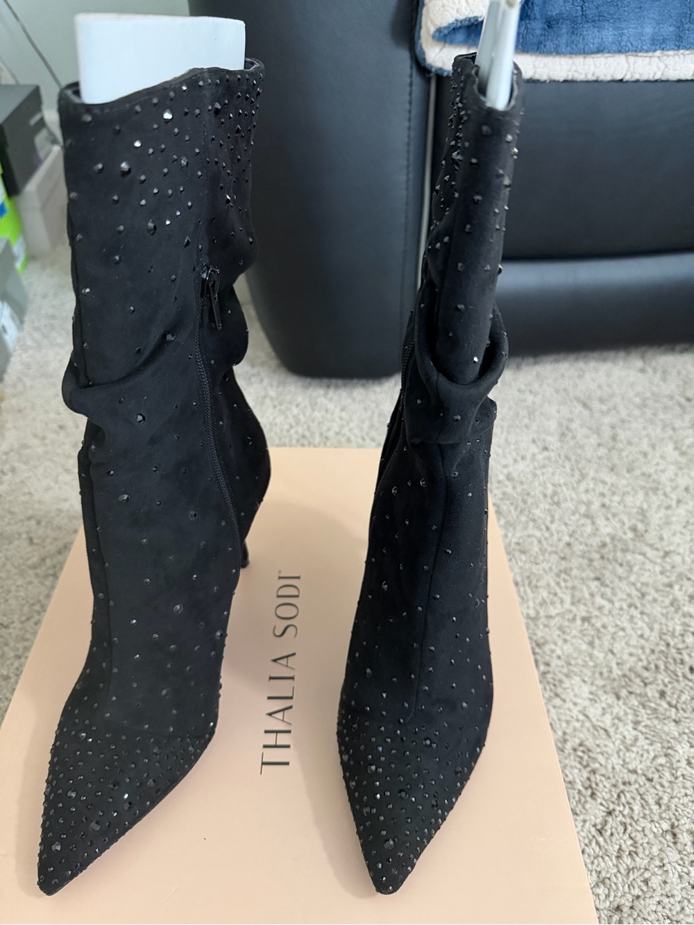 Thalia Sodi Black Suede-Look Crystal Ankle Boots